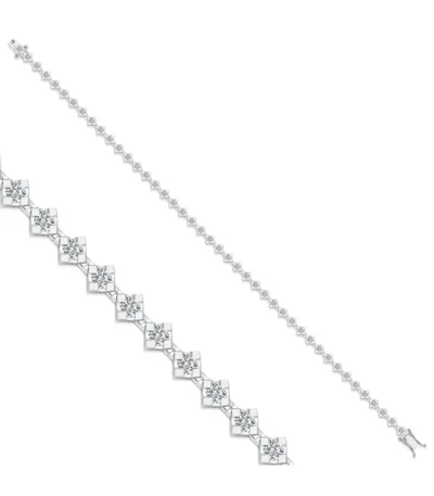 Yuvarlak Kesim Pırlanta Kare Kasalı Su Yolu Bileklik – 14 Ayar Beyaz Altın