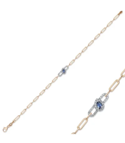 14K İki Renkli Altın Safir Bileklik – Paperclip Zincirli, Marquise Halo Detaylı