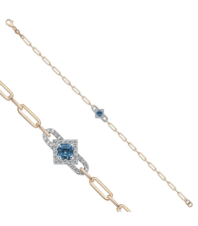 14K İki Renkli Altın Topaz Bileklik – Paperclip Zincirli, Kare Halo Detaylı