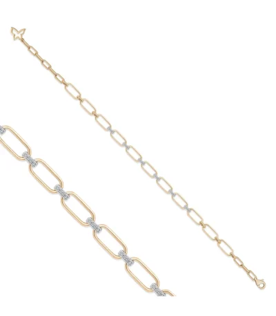14K Sarı Altın Paperclip Zincir Bileklik – Pırlanta İstasyonlu, Kelebek Uçlu