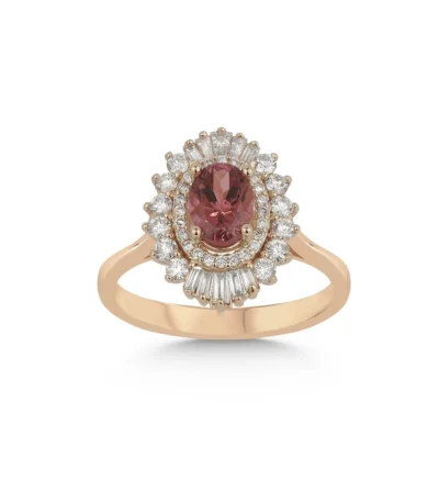 Oval Pembe Taşlı Yuvarlak ve Baget Kesim Pırlanta Çift Halo Desenli Yüzük – 14 Ayar Rose Altın