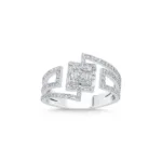 Baget ve Yuvarlak Kesim Pırlanta Geometrik Desenli Yüzük – 14 Ayar Beyaz Altın