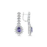 14K Beyaz Altın Tanzanit ve Pırlanta Sarkıt Küpe – Güneş Çiçeği (Sunburst) Tasarımı
