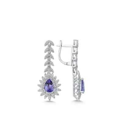 14K Beyaz Altın Tanzanit ve Pırlanta Sarkıt Küpe – Güneş Çiçeği (Sunburst) Tasarımı