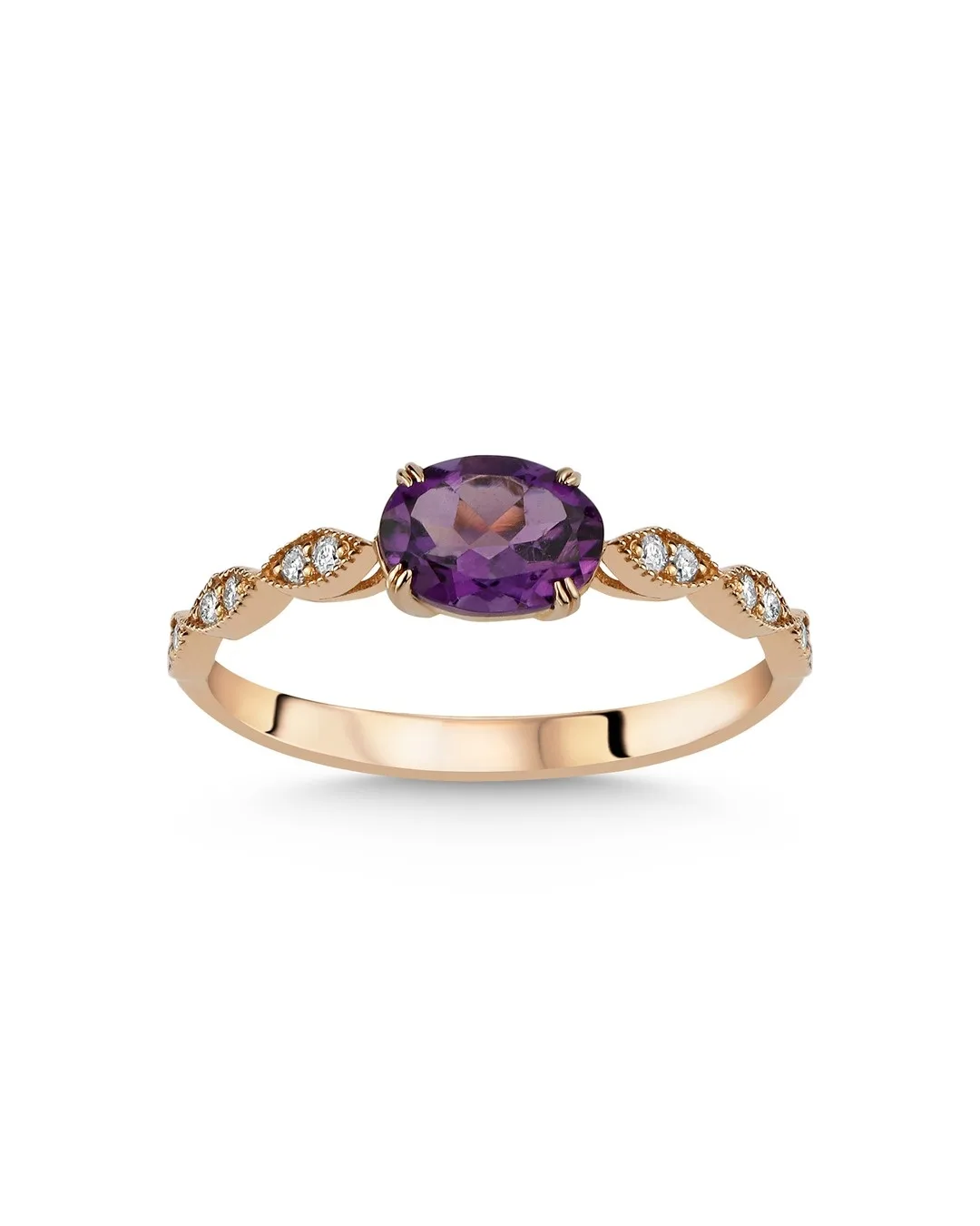Oval Kesim Mor Taşlı ve Yuvarlak Kesim Pırlantalı Marki Motifli Yüzük – 14 Ayar Rose Altın Oval Kesim Mor Taşlı ve Yuvarlak Kesim Pırlantalı Marki Motifli Yüzük – 14 Ayar Rose Altın