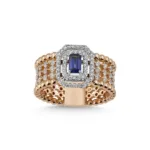 14K Rose Altın Safir ve Pırlanta Yüzük – Çift Halo Boncuklu Bant Tasarım