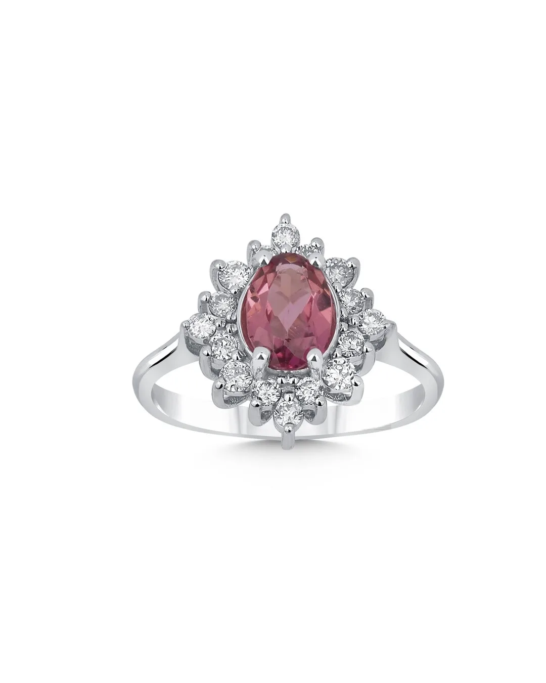 Oval Kesim Pembe Taşlı ve Yuvarlak Kesim Pırlanta Armut Formlu Halo Yüzük – 14 Ayar Beyaz Altın Oval Kesim Pembe Taşlı ve Yuvarlak Kesim Pırlanta Armut Formlu Halo Yüzük – 14 Ayar Beyaz Altın