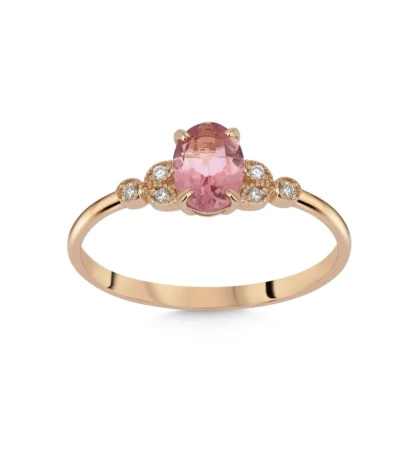 Oval Kesim Pembe Taşlı ve Yuvarlak Kesim Pırlanta Detaylı Yüzük – 14 Ayar Rose Altın