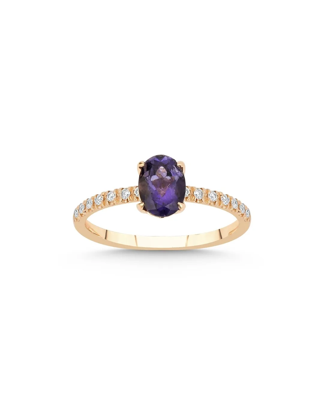 Oval Kesim Mor Taşlı ve Yuvarlak Kesim Pırlantalı Tek Taş Yüzük – 14 Ayar Rose Altın Oval Kesim Mor Taşlı ve Yuvarlak Kesim Pırlantalı Tek Taş Yüzük – 14 Ayar Rose Altın