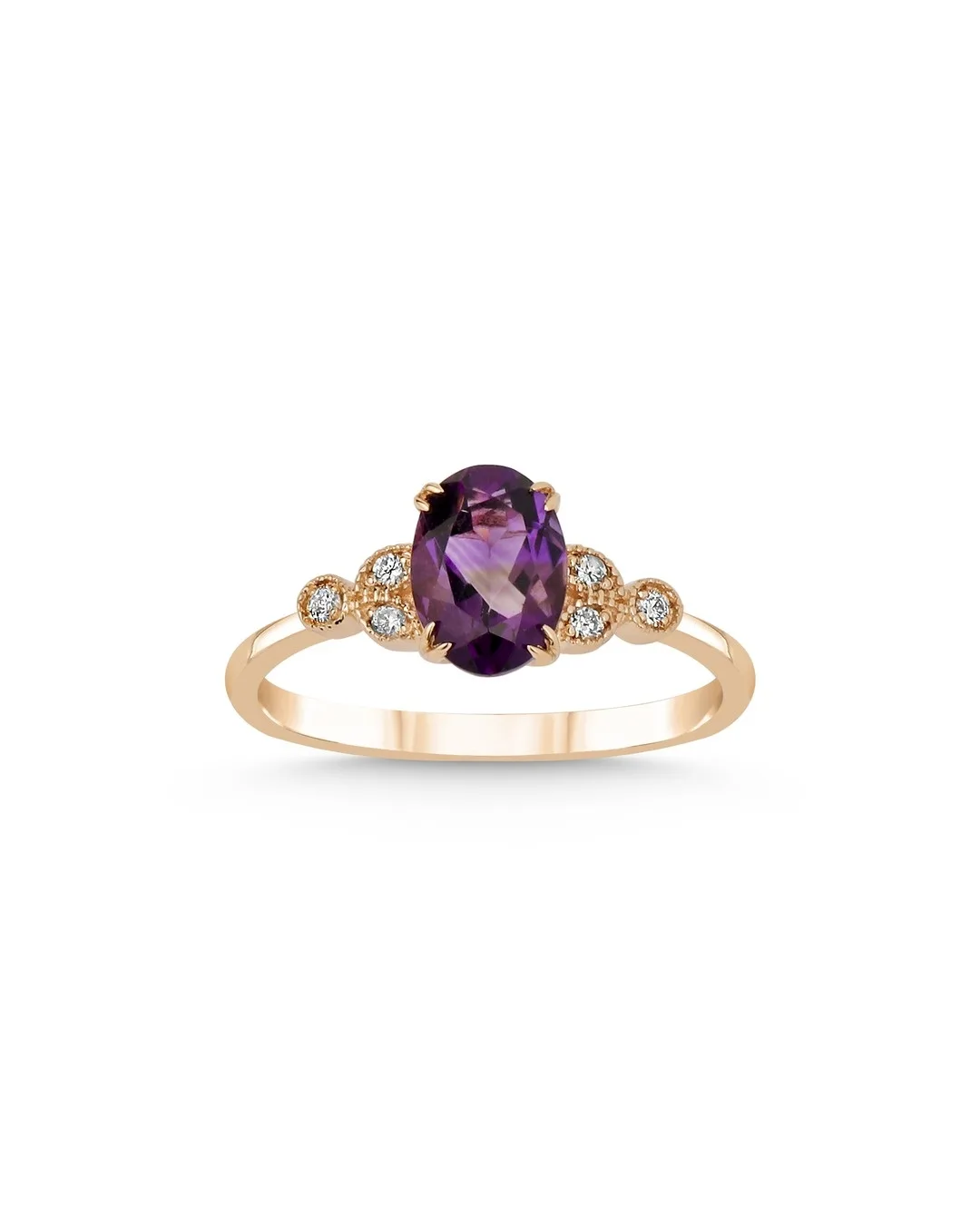 Oval Kesim Mor Taşlı ve Yuvarlak Kesim Pırlantalı Tek Taş Yüzük – 14 Ayar Rose Altın Oval Kesim Mor Taşlı ve Yuvarlak Kesim Pırlantalı Tek Taş Yüzük – 14 Ayar Rose Altın
