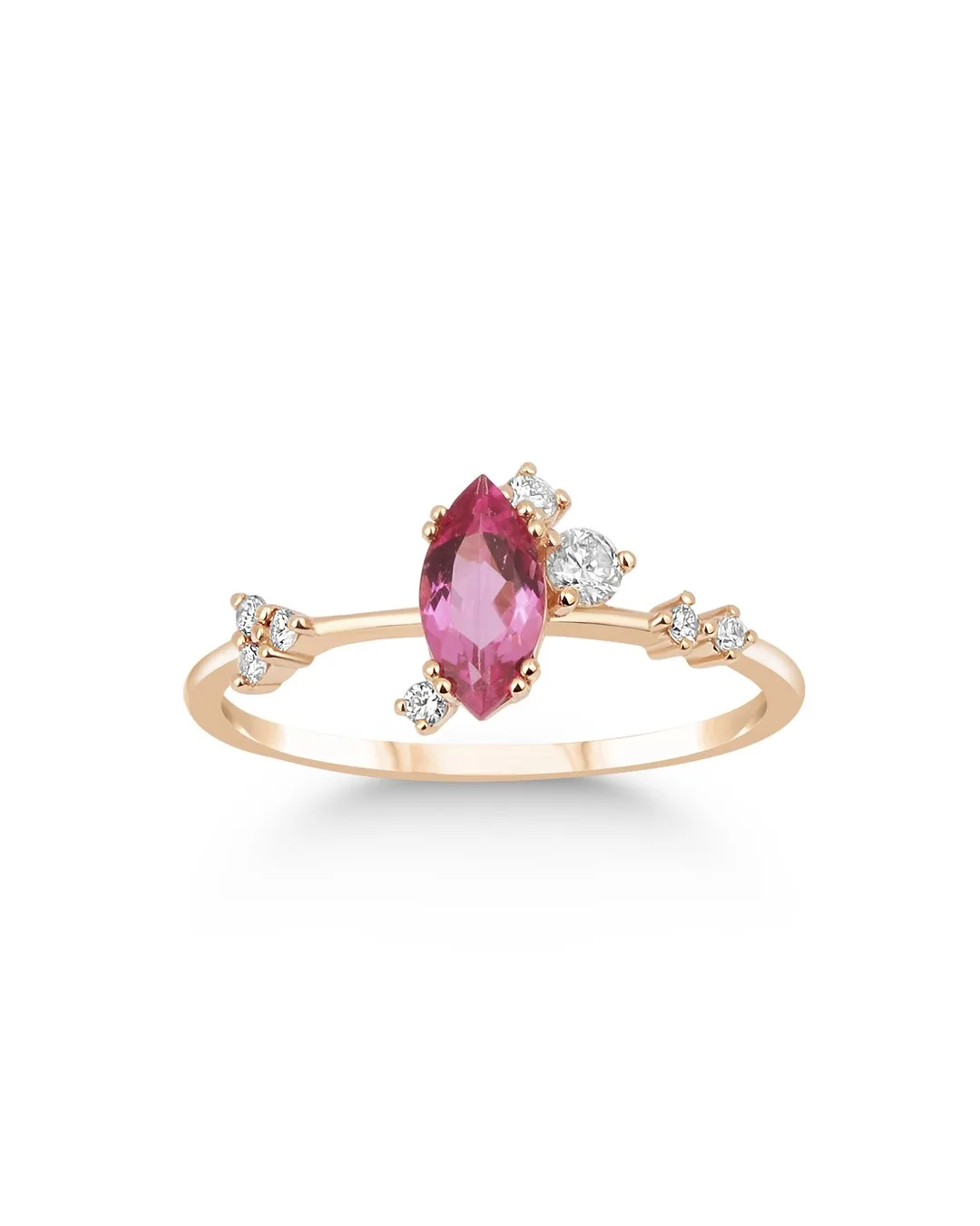 Marki Kesim Pembe Taşlı ve Yuvarlak Kesim Pırlanta Küme Desenli Yüzük – 14 Ayar Rose Altın Marki Kesim Pembe Taşlı ve Yuvarlak Kesim Pırlanta Küme Desenli Yüzük – 14 Ayar Rose Altın