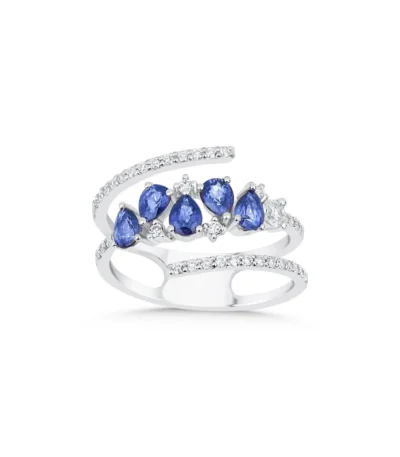 Armut Kesim Mavi Taşlı ve Yuvarlak Kesim Pırlanta Spiral Desenli Yüzük – 14 Ayar Beyaz Altın