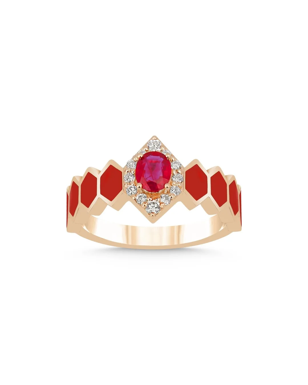 Oval Kesim Kırmızı Taşlı ve Yuvarlak Kesim Pırlanta Altıgen Desenli Yüzük – 14 Ayar Rose Altın Oval Kesim Kırmızı Taşlı ve Yuvarlak Kesim Pırlanta Altıgen Desenli Yüzük – 14 Ayar Rose Altın